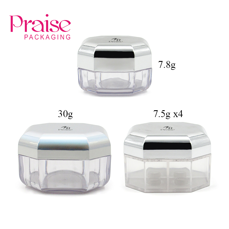 7.8/30g hot sale octagonal cosmetic plastic loose powder case packaging, custom makeup four color empty loose powder container