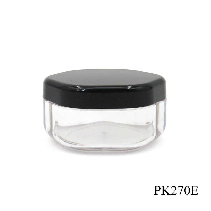 Wholesale custom hexagonal transparent cosmetic packaging case, plastic empty loose powder jar with sifter and black lid