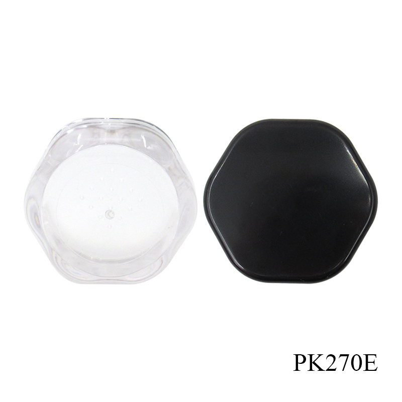 Wholesale custom hexagonal transparent cosmetic packaging case, plastic empty loose powder jar with sifter and black lid