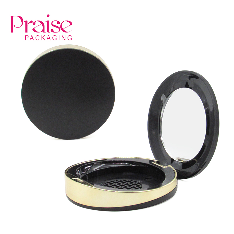 Custom luxury cosmetic packaging black phnom penh empty powder compact case container with mirror, For facial makeup