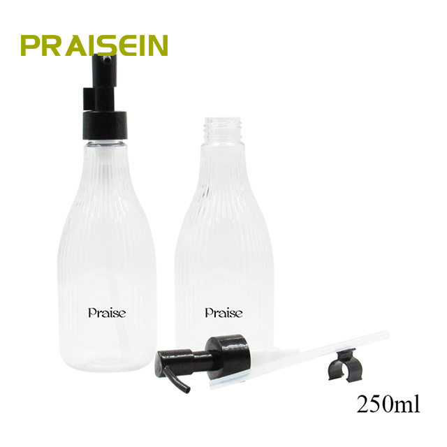 Wholesale sales 250ml empty PET transparent plastic packaging bottle with press pump, suitable for shampoo/body wash/lotion