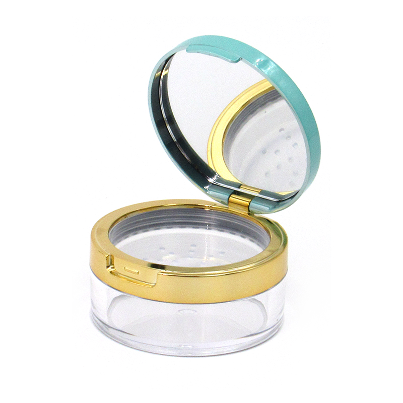 Sell plastic makeup powder case with flip-up cover and mirror, round empty clear powder comrainer for cosmetic packaging