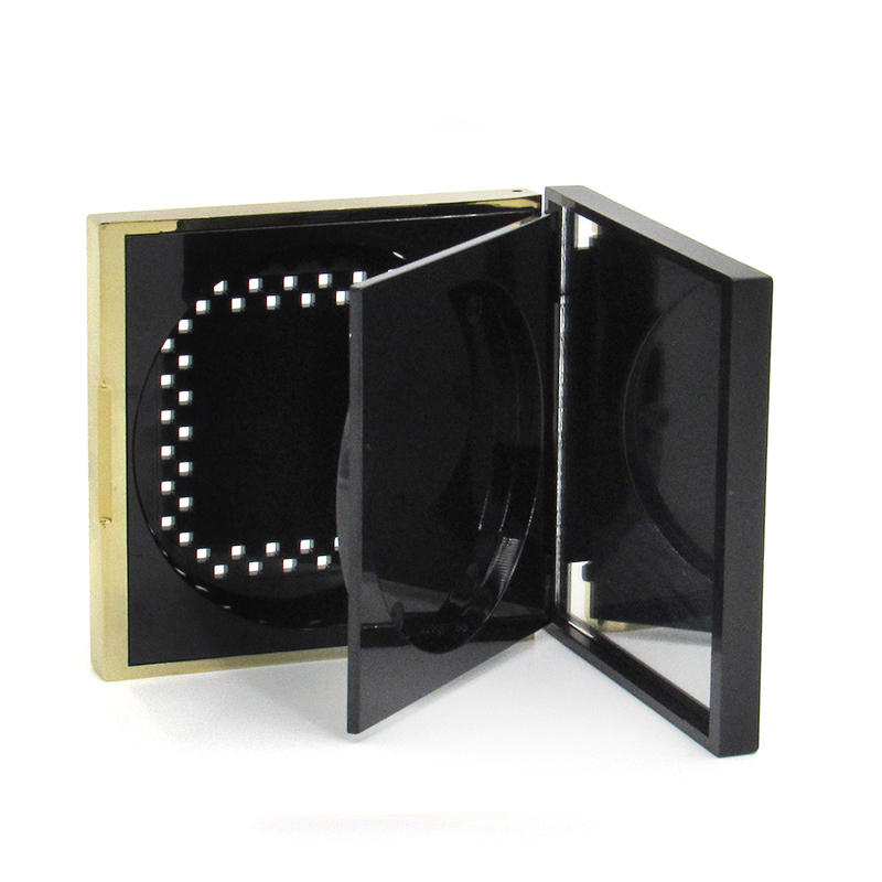 Black empty cosmetics powder case custom label,square magnetic buckle high-gloss powder compact case plastic packaging wholesale