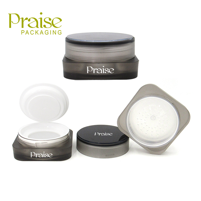 Loose powder case cosmetic packaging wholesale square plastic makeup powder container, two mesh screen is available