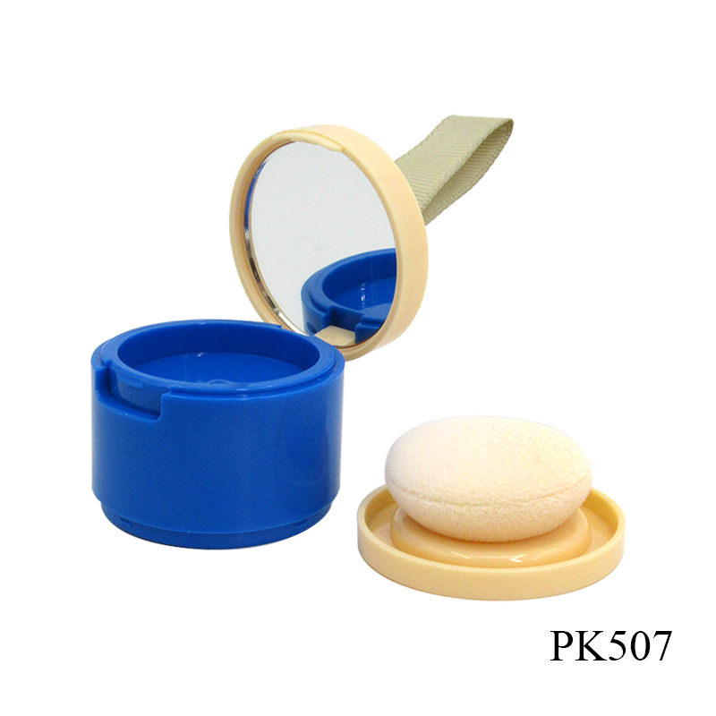 Custom label round plastic hairline shadow powder case with puff and mirror, cosmetic packaging wholesale