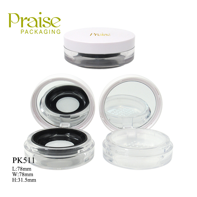 Round clamshell rotary switch Plastic cosmetic loose powder container jar with sieve custom packaging