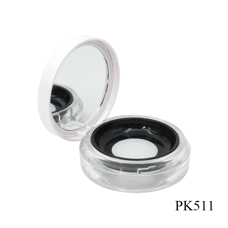 Round clamshell rotary switch Plastic cosmetic loose powder container jar with sieve custom packaging