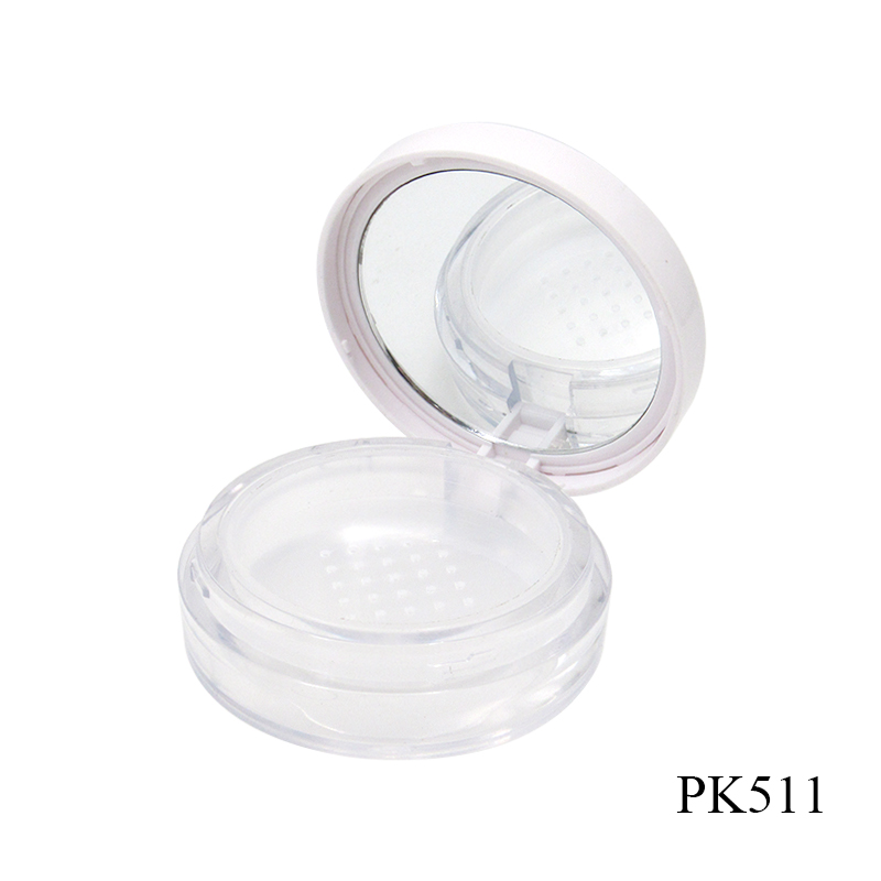 Round clamshell rotary switch Plastic cosmetic loose powder container jar with sieve custom packaging