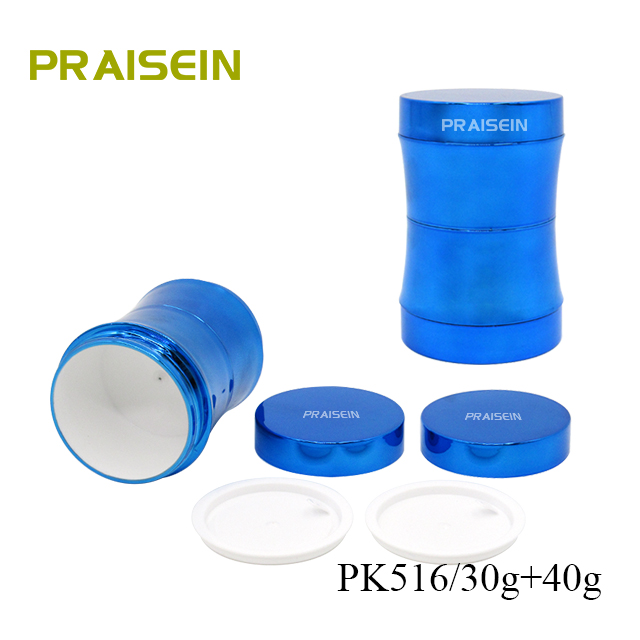 Round skin care jars packaging 70g blue plastic morning and night cream container, creative design 2 in 1 cream jar