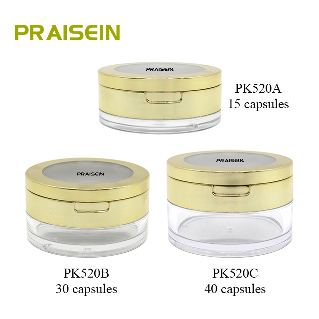 Round gold plastic essence capsule jar customized to hold 15 grain/30 grain/40 grain clamshell capsules bottle