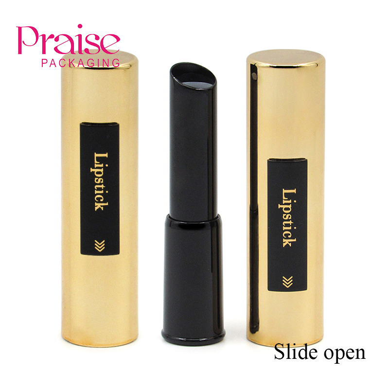 Unique circular gold plastic push-pull design empty lipstick casing tube cosmetic packaging customized label