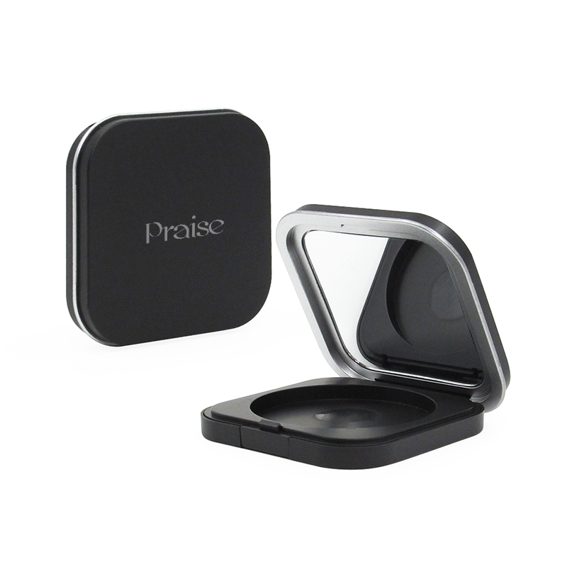 Free sample custom square round corner cosmetic powder box packaging black plastic 2 color eye shadow container with mirror