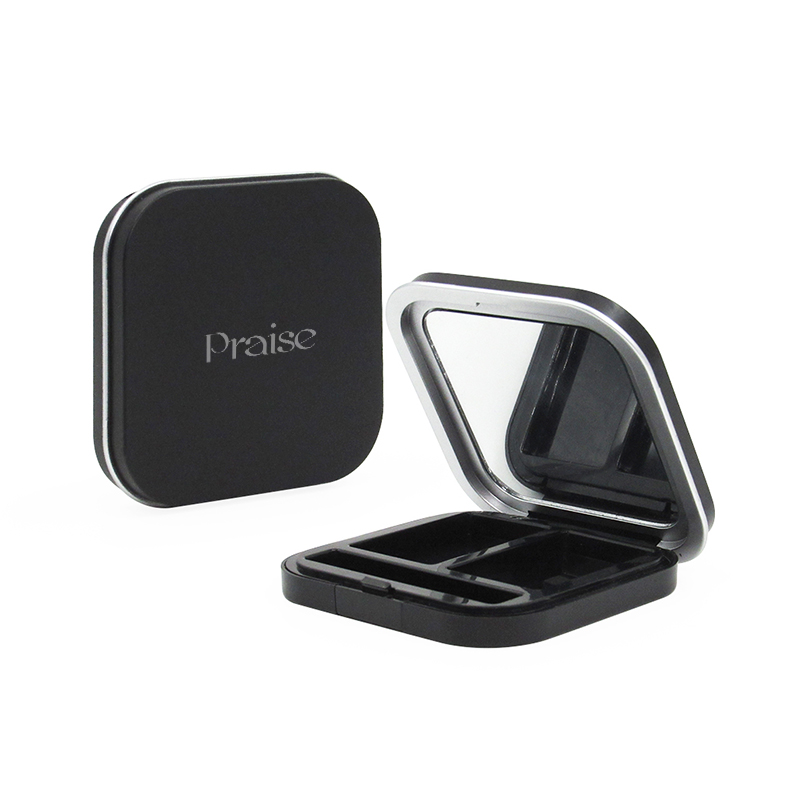 Free sample custom square round corner cosmetic powder box packaging black plastic 2 color eye shadow container with mirror