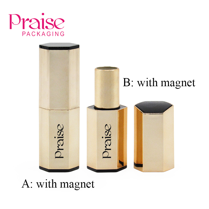 Minimum order quantity high-end hexagonal magnetic buckle lipstick tube package, gold color plastic lipstick container reusable