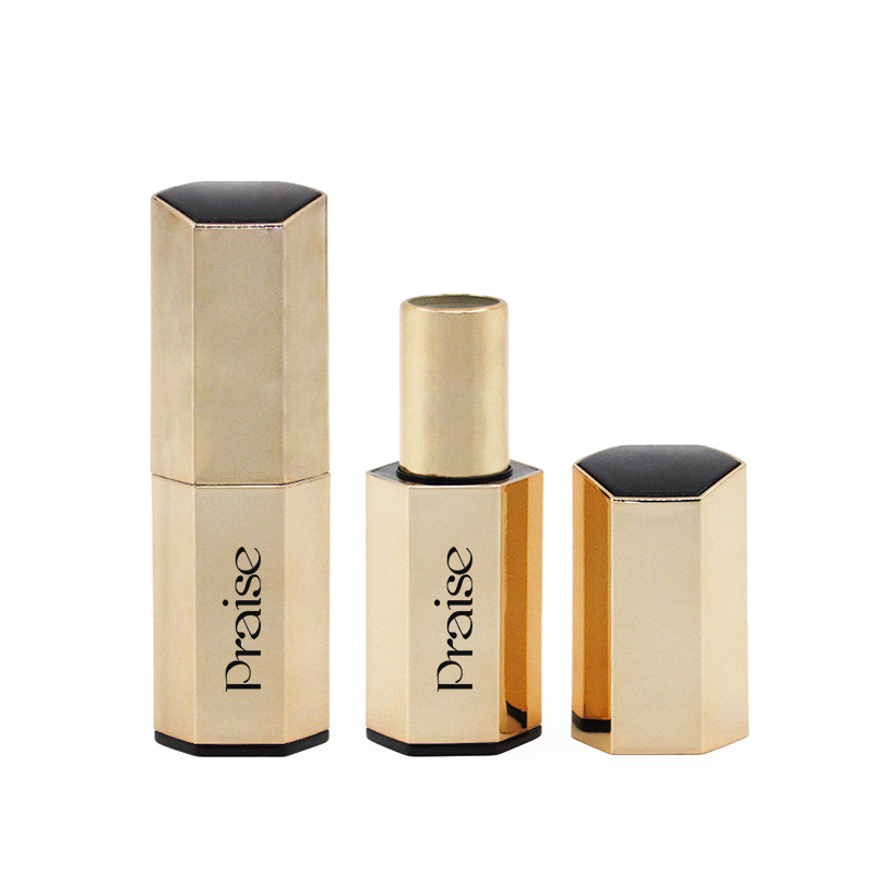 Minimum order quantity high-end hexagonal magnetic buckle lipstick tube package, gold color plastic lipstick container reusable