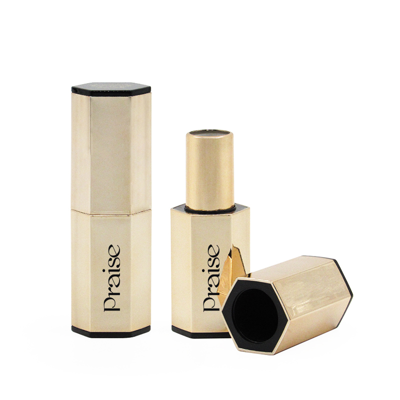 Minimum order quantity high-end hexagonal magnetic buckle lipstick tube package, gold color plastic lipstick container reusable