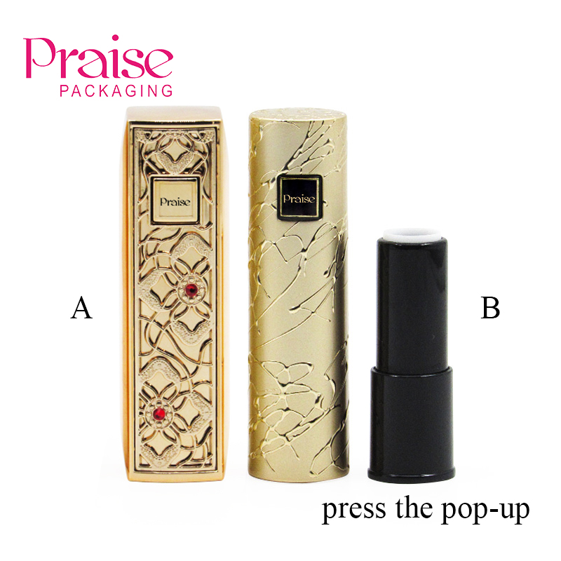 Luxury gold color spring press type plastic empty lipstick casing tube, custom cosmetic containers and packaging