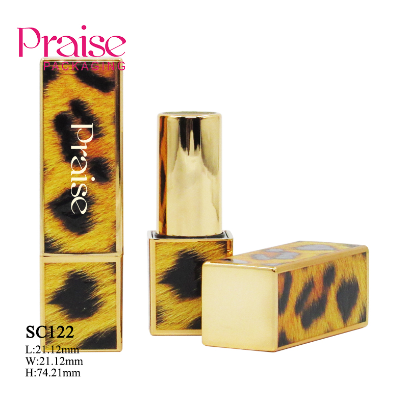 Produce high-quality 3.8g gold square shape leopard pattern magnetic buckle lipstick empty tube custom 3D printing