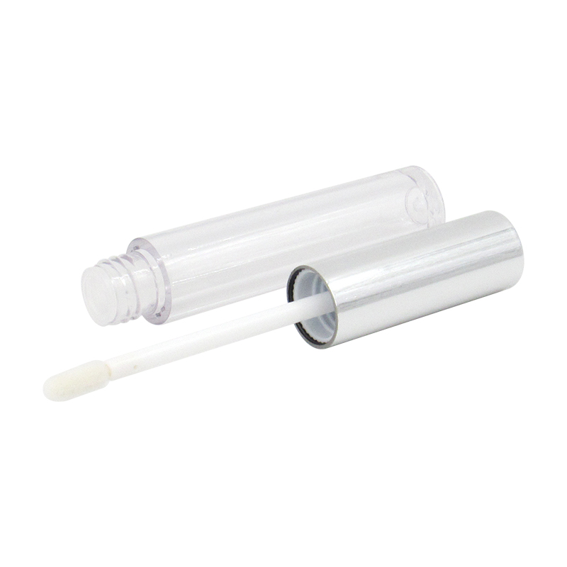 Round cosmetic packaging tube lip gloss container, refillable empty transparent plastic lip gloss tube with silver brush cover