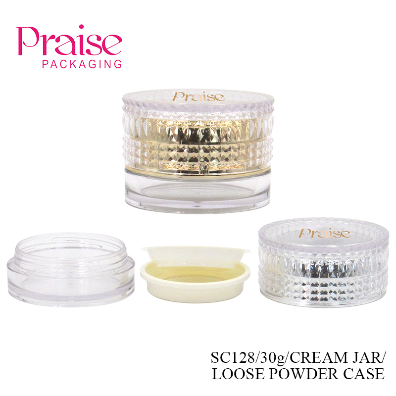 Fashion acrylic loose powder case packaging 30g round plastic cosmetics powder container custom, can be changed into cream jar