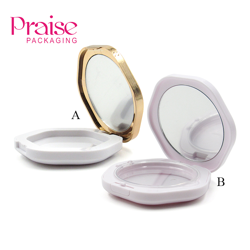 Factory direct makeup plastic packaging, Fashion hexagon-shaped cosmetic empty high-gloss powder compact case with mirror