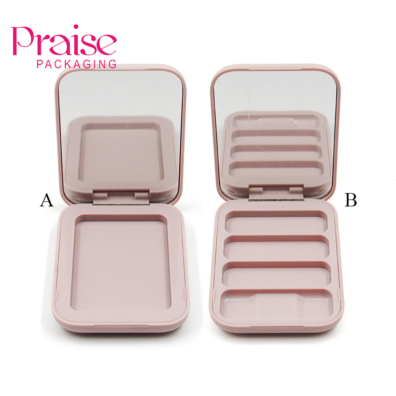 Custom cosmetic packaging case stylish pink plastic empty powder compact case, square 3 color eye shadow container free sample