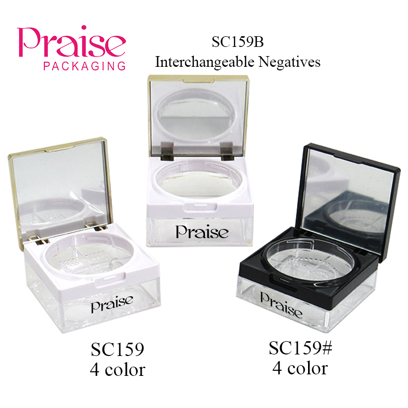 Clamshell type 4-color make-up powder case, square empty clear loose powder container with plug cosmetics packaging custom