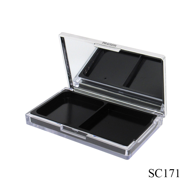 Fashion cosmetics two-color blusher case wholesale square clamshell plastic empty powder compact case with silver lid