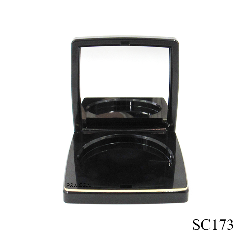 Manufacturers produce high-grade black square cosmetic powder compact packaging, clamshell plastic powder case with mirror