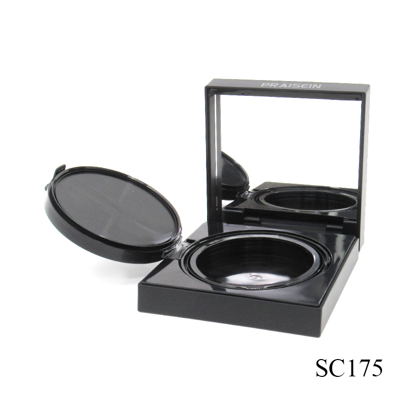 Custom brand black plastic cosmetic air cushion foundation case square magnet powder compact case packaging