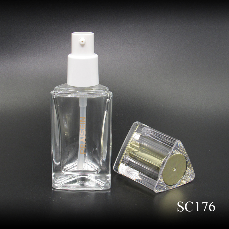 Clear frosted glass lotion bottle with pump wholesale 30ml refillable triangle liquid foundation bottles