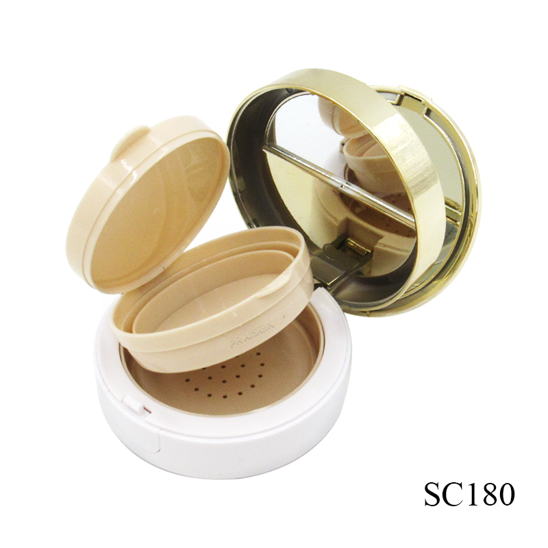 3 in 1 Round two-tone concealer case liquid foundation case plastic cosmetic loose powder container with mirror