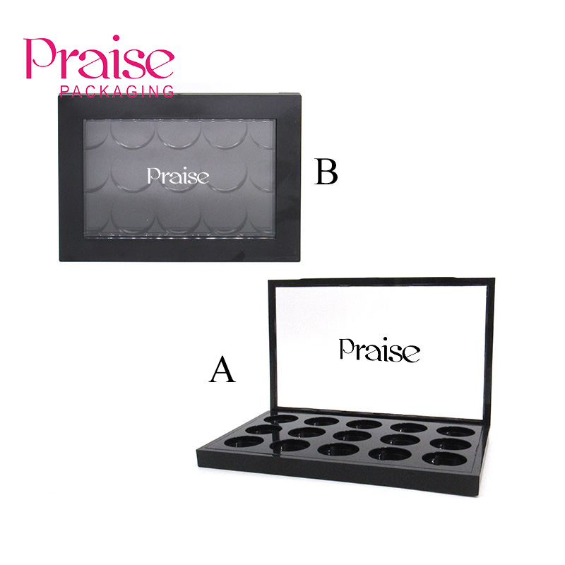 Optional 15-color plastic empty cosmetics palette, black magnetic eye shadow case packaging manufacturers custom