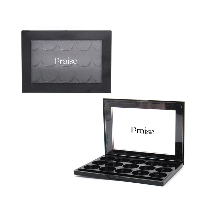 Optional 15-color plastic empty cosmetics palette, black magnetic eye shadow case packaging manufacturers custom