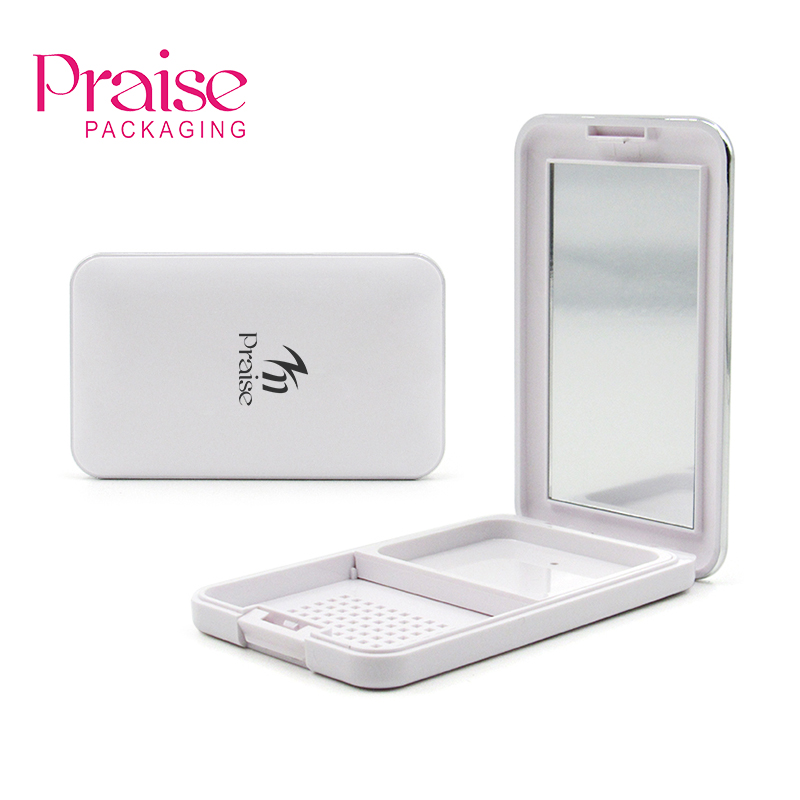 Sell high quality white rectangle plastic empty powder compact case containers for cosmetic packaging, customized designs logo