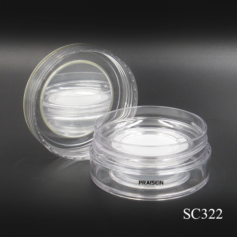 20ml plastic transparent loose powder case production and sale of round empty makeup powder container with mirror, custom logo