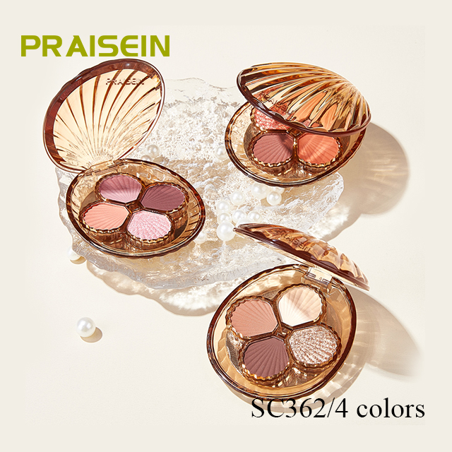 Unique shell shaped cosmetic eyeshadow case, 4 color empty plastic transparent eye shadow palette container produced