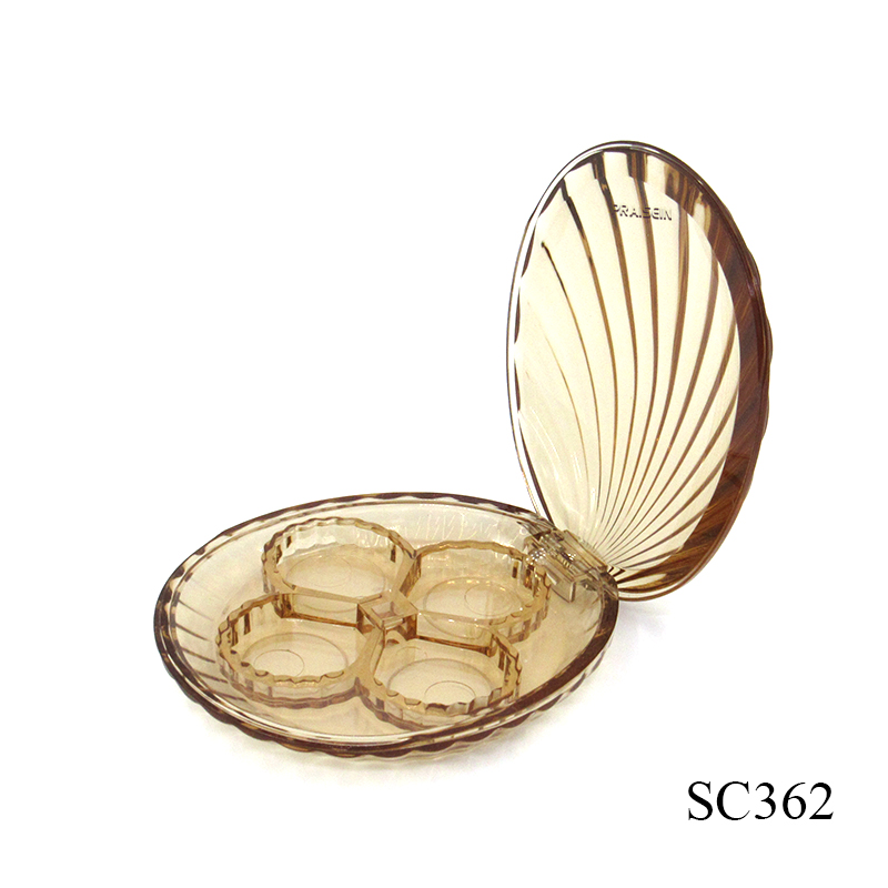 Unique shell shaped cosmetic eyeshadow case, 4 color empty plastic transparent eye shadow palette container produced