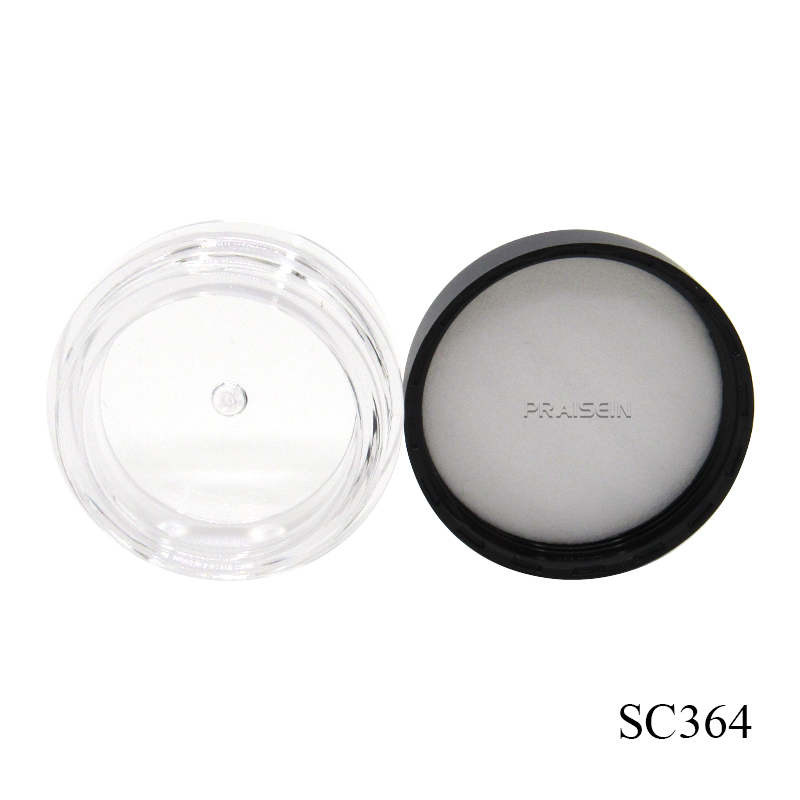 Portable round plastic cosmetic jars, empty transparent small eye shadow case with black lid custom label