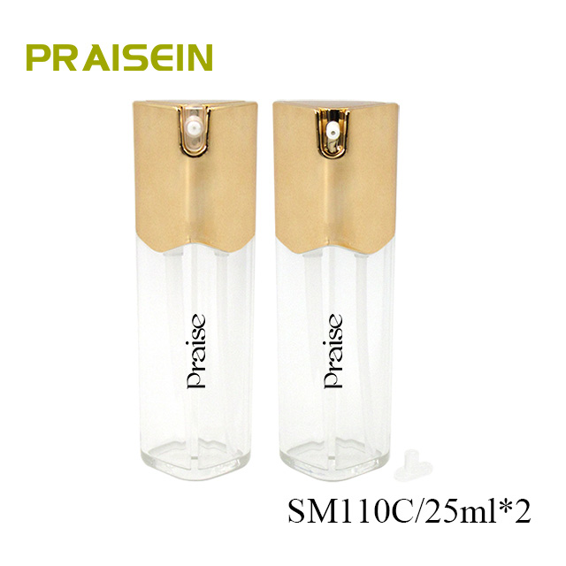 25ml*2 high quality skin care lotion pump bottle, empty transparent double tube container for essence plastic packaging