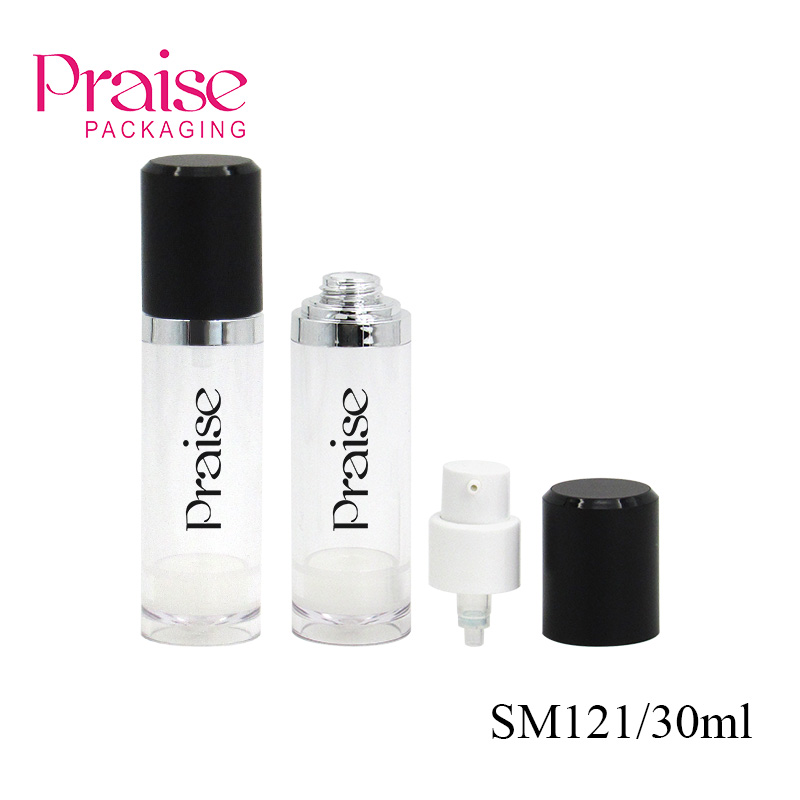 Own brand 30ml round empty cosmetic lotion container packaging, AS plastic press type vacuum bottle customized production