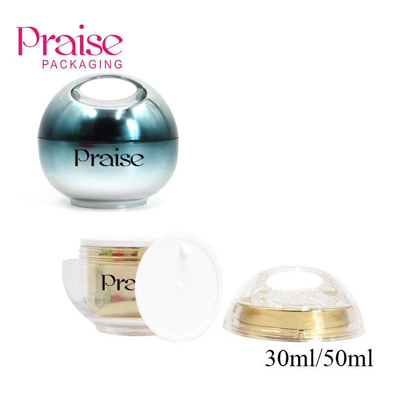 Spherical acrylic cream jar with screw lid, metal-colored cosmetic face cream plastic container, replaceable inner 30ml/50ml