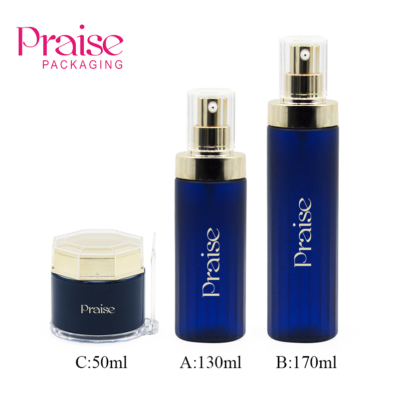 Newly designed skin care packaging custom 130ml/170ml round lotion press type bottle, 50ml face cream jar with base and scoop