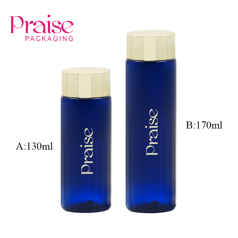 130ml/170ml plastic bottle with polygonal screw cap, PET blue plastic empty toner container, cosmetic lotion bottle