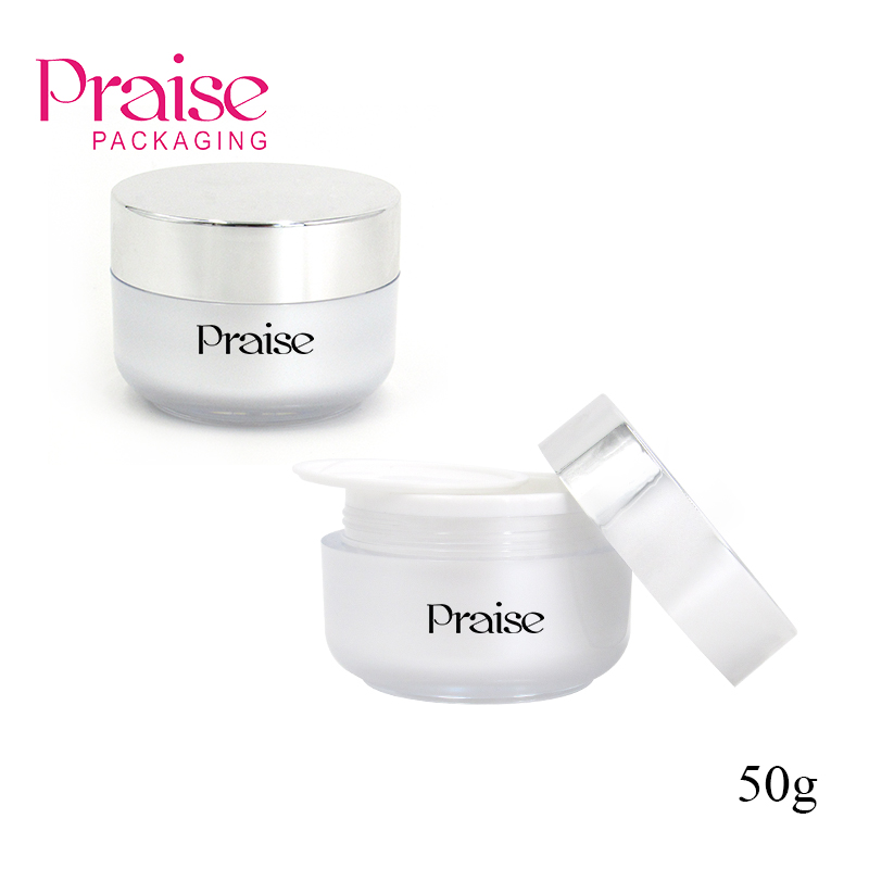 Reusable wide-mouth skin care face cream empty jar, 50g empty acrylic container package with silver spiral lid custom printed