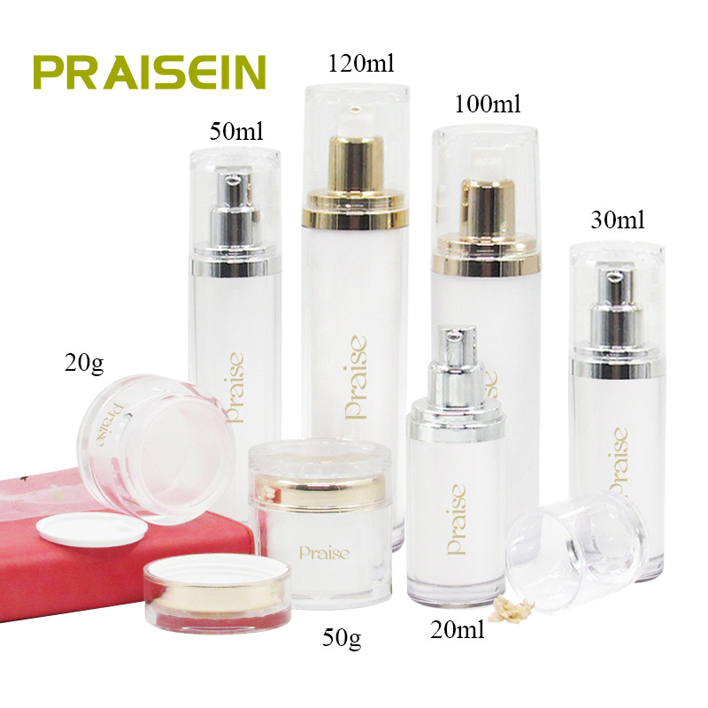 Multi-capacity round acrylic lotion essence bottles with pump, empty cream jar, rose gold plastic skin care bottle set custom