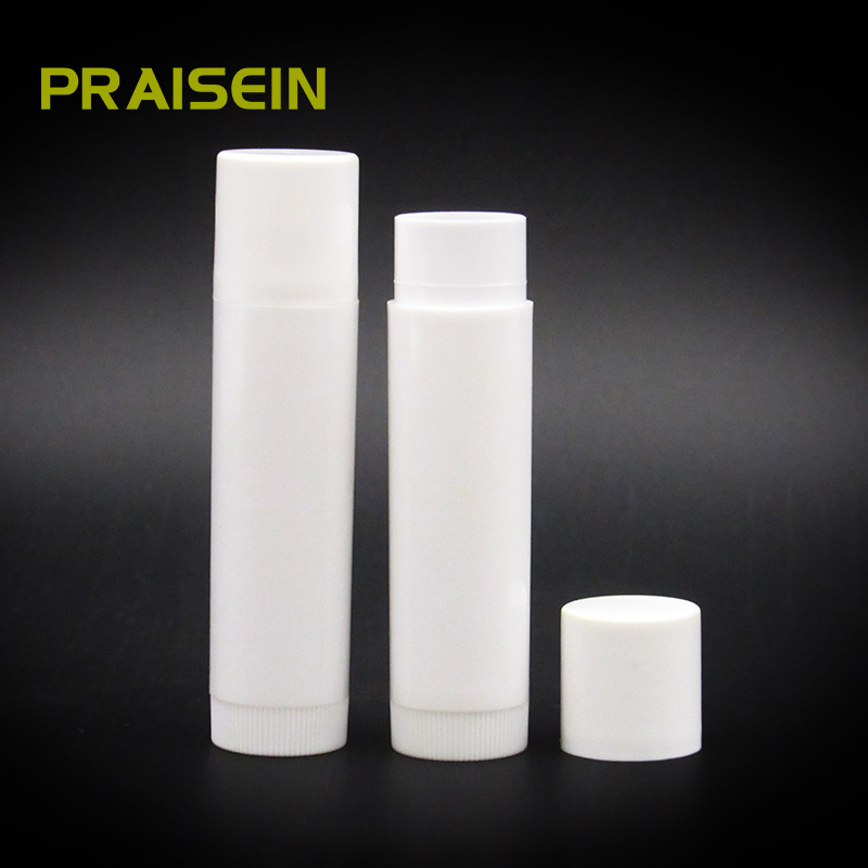 Simple white plastic lip balm container with circular empty lip balm tube rotating at the bottom for DIY makeup