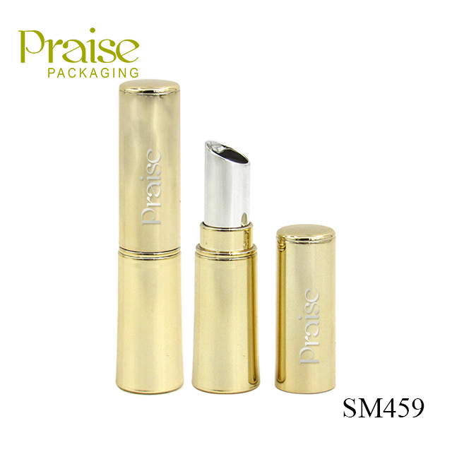 Wholesale smooth gold cosmetics lipstick tube, round empty mouth red tube packaging with private label