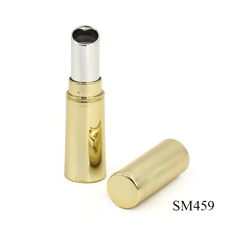 Wholesale smooth gold cosmetics lipstick tube, round empty mouth red tube packaging with private label