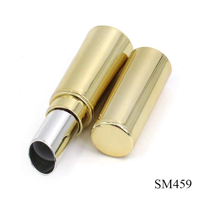 Wholesale smooth gold cosmetics lipstick tube, round empty mouth red tube packaging with private label